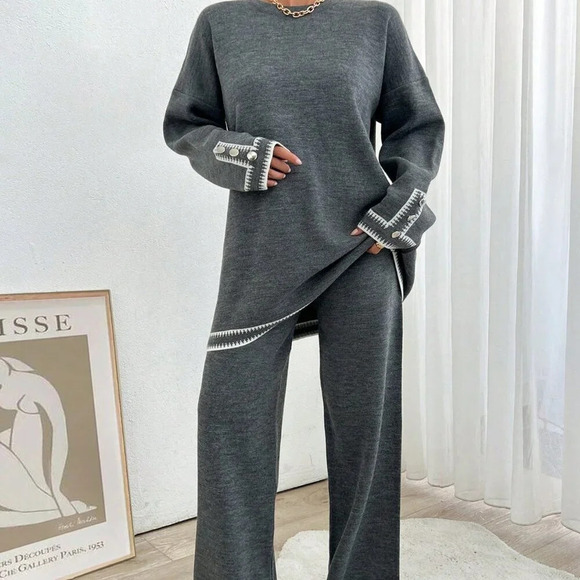 Dark Grey Casual Women's Contrast Detailed Sweater And Pants Set - Picture 1 of 6
